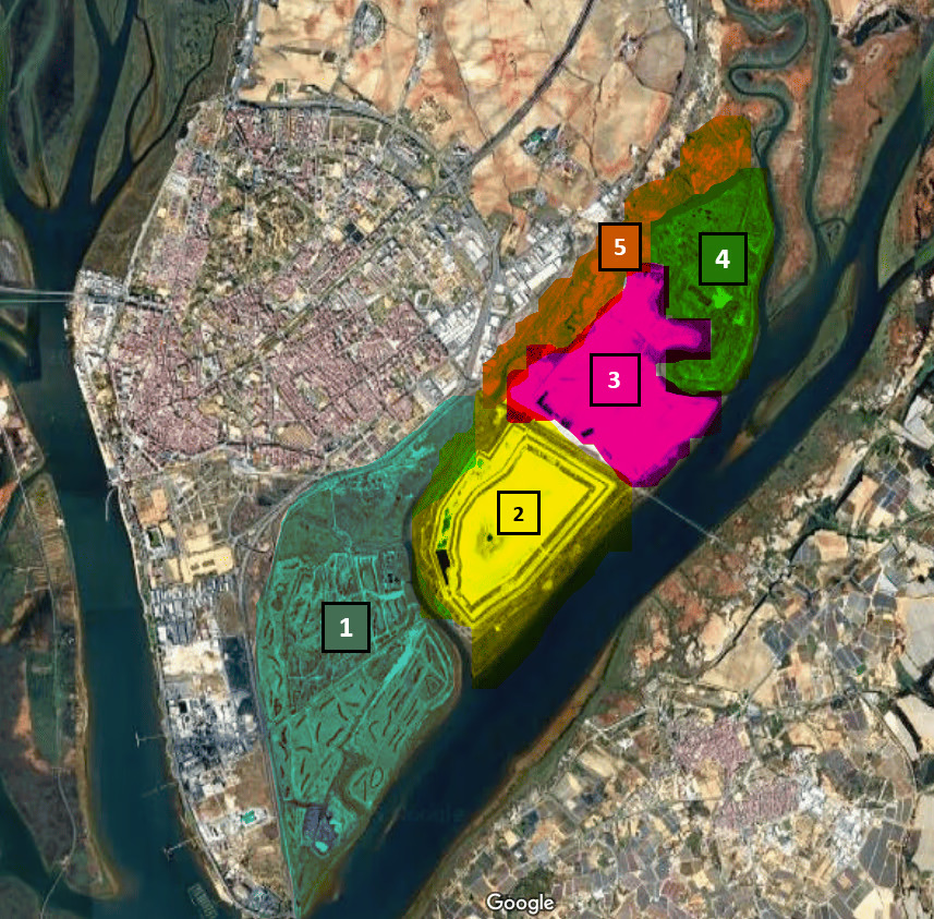 Satellite view of all phosphogypsum stack areas located in Huelva.
